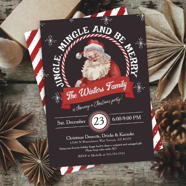 Unique Retro Santa Jingle and Mingle Christmas Invitation (Instantly create a buzz around your holiday celebration with this unique and slightly retro Red Vint)