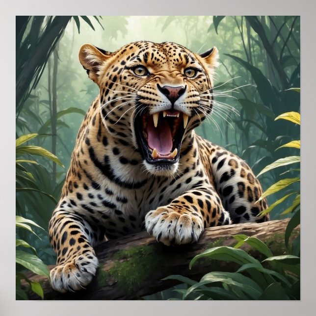 Unique Roaring Leopard in Jungle Animal Art Poster (Front)