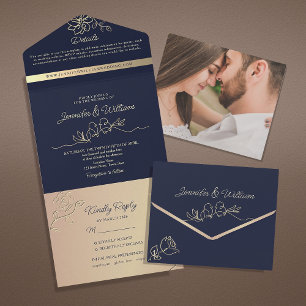 Unique Rose Gold and Navy Blue Wedding All In One Invitation
