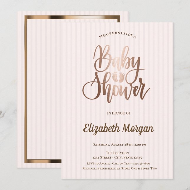Unique Rose Gold Striped Baby Shower Invitation (Front/Back)