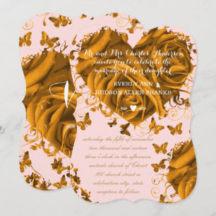 Unique Rose Pink Gold Hearts and Roses Wedding Invitation