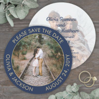 Unique Round Photo Modern Navy Blue & Gold Wedding