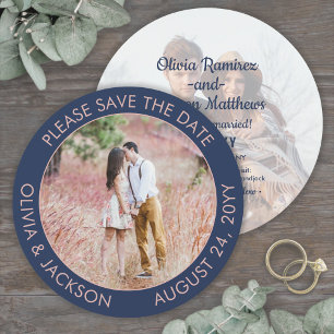 Unique Round Photo Modern Navy Blue & Pink Wedding Save The Date
