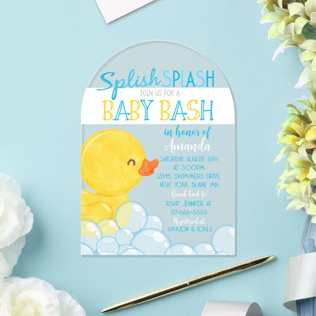 Unique Rubber Ducky Baby Shower Acrylic Invitation (Watercolor Rubber Duck Baby Shower Unique Frosted Acrylic Invitation - Boy Baby Shower)