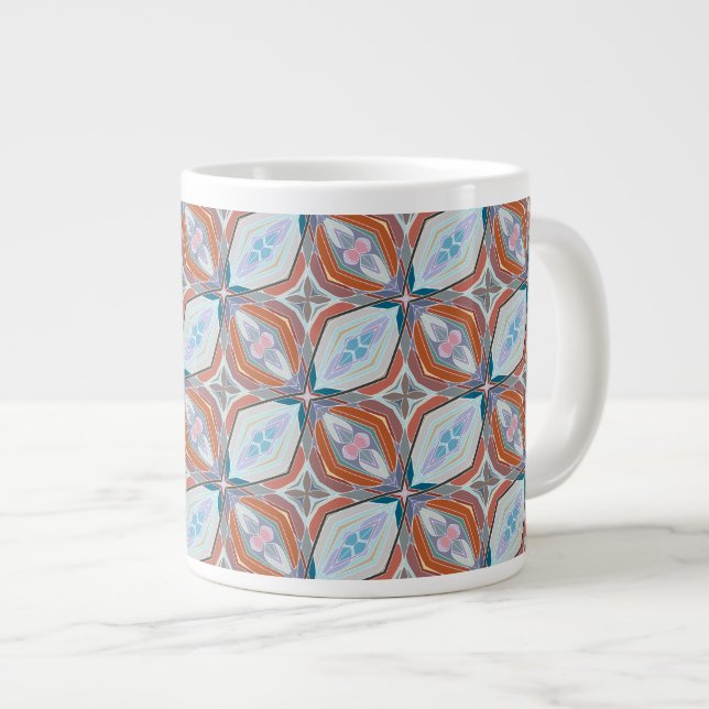 Unique Rust, Teal,Light Blue & Pink Pattern Design Large Coffee Mug (Front Right)
