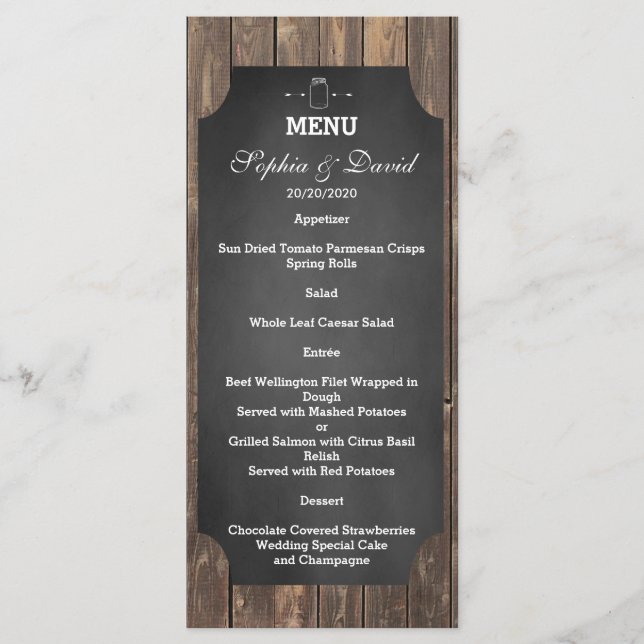 Unique Rustic Mason Jar Wedding Custom Menu (Front)