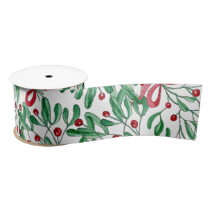 Unique Rustic Mistletoe Watercolor Hand-painted Satin Ribbon