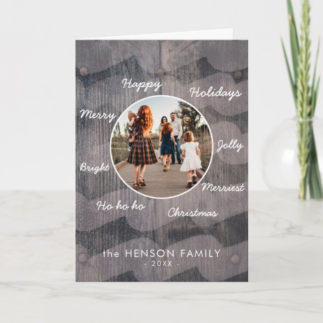 Unique Rustic Wood Christmas Family Photo Holiday Card (Front)