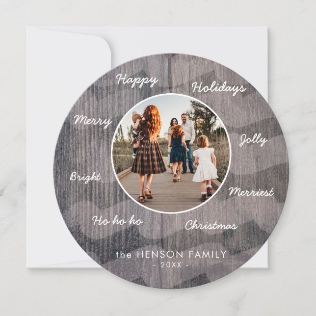 Unique Rustic Wood Christmas Wishes Family Photo Holiday Card (Front)