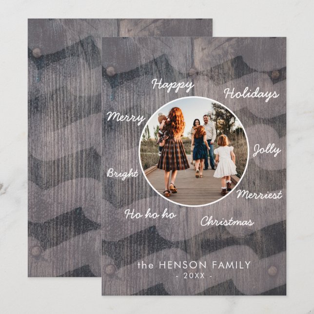 Unique Rustic Wood Christmas Wishes Family Photo Holiday Card (Front/Back)