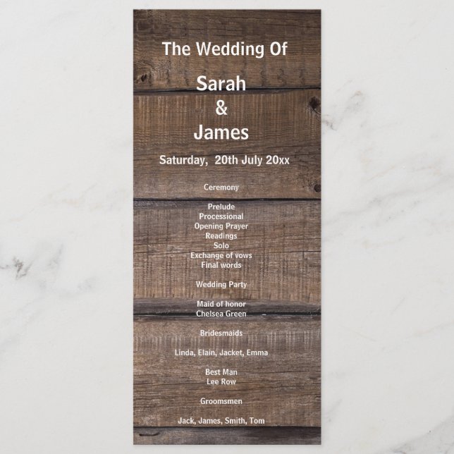 Unique Rustic Wood Wedding Programme Service Card (Front)