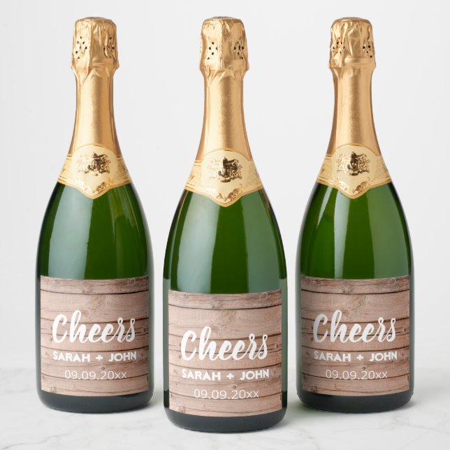 Unique Rustic Wooden Cheers Wedding Favour Sparkling Wine Label (Bottles)