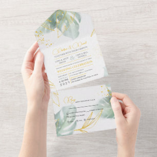 Unique Sage Green and Gold Tropical Leaves Wedding All In One Invitation