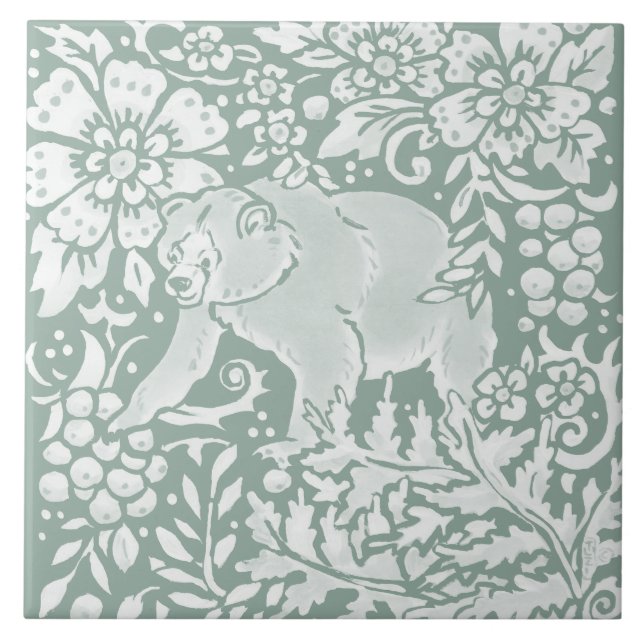 Unique Sage Green Bear Forest Woodland Animal Tile (Front)