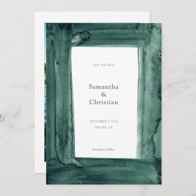 Unique Sage Watercolor Photo Save the Date Invitation (Front/Back)