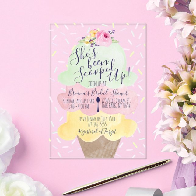 Unique Scooped Up Ice Cream Bridal Shower Acrylic Invitations (Scooped Up Ice Cream Bridal Shower Unique Acrylic Engagement Party or Bridal Shower Invitations)