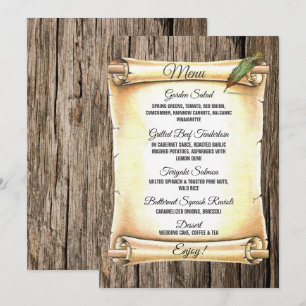Unique Scroll & Feather Pen Barnwood Wedding  Menu