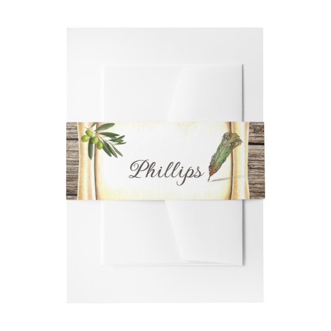 Unique Scroll & Feather Pen  Invitation Belly Band (Front Example)