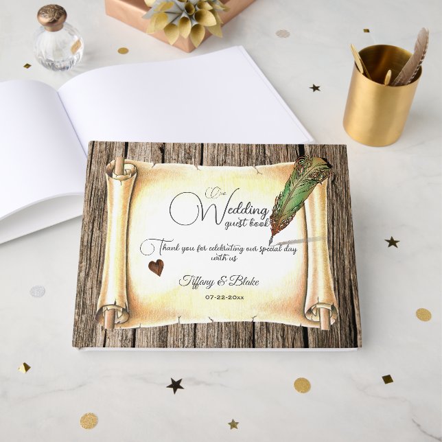 Unique Scroll & Feather Pen Wedding  Guest Book (Front Open)