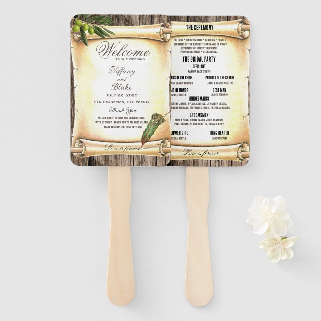 Unique Scroll & Feather Pen Wedding Program Hand Fan (Front and Back)