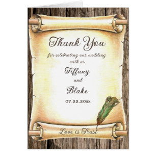 Unique Scroll & Feather Pen Wedding Thank You Card
