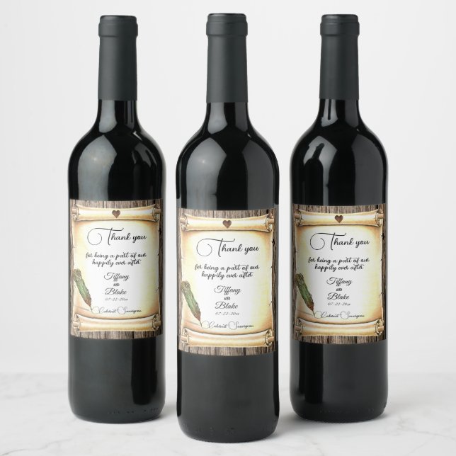 Unique Scroll & Feather Pen Wedding  Wine Label (Bottles)