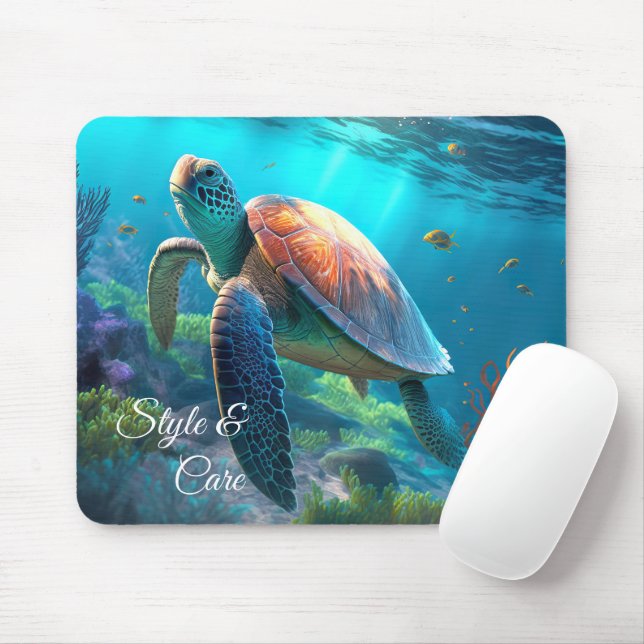 Unique Sea Turtle Illustration Personalised Text Mouse Mat (With Mouse)