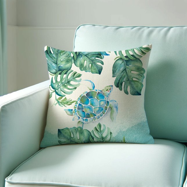 Unique Sea Turtle on Palm Leaves Tropical Decor Cushion (sea turtle throw pillows gift idea features tropical watercolor art by Victoria Grigaliunas)