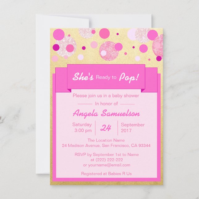 Unique SHE's READY TO POP Pink Gold Baby Shower Invitation (Front)