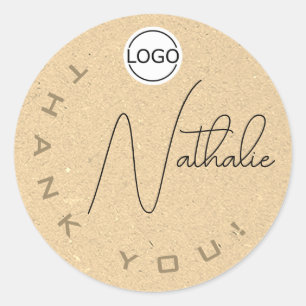 Unique Signature Cream Kraft Paper Thank You Logo Classic Round Sticker