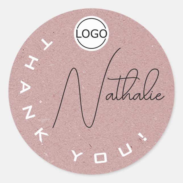 Unique Signature Pink Kraft Paper Thank You Logo Classic Round Sticker (Front)