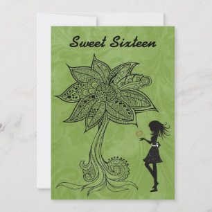 Unique Silhouette Girl Flower Sweet 16 Invite