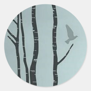 Unique silver birch, bird artwork classic round sticker