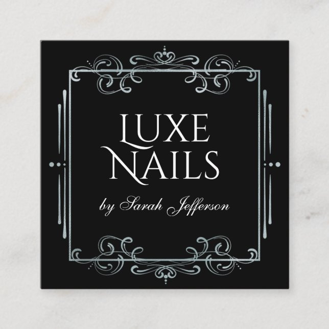 Unique Silver Foil Flourish Luxurious Black Square Business Card (Front)