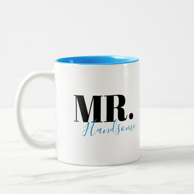 Unique simple personalised Mr handsome couples Two-Tone Coffee Mug (Left)