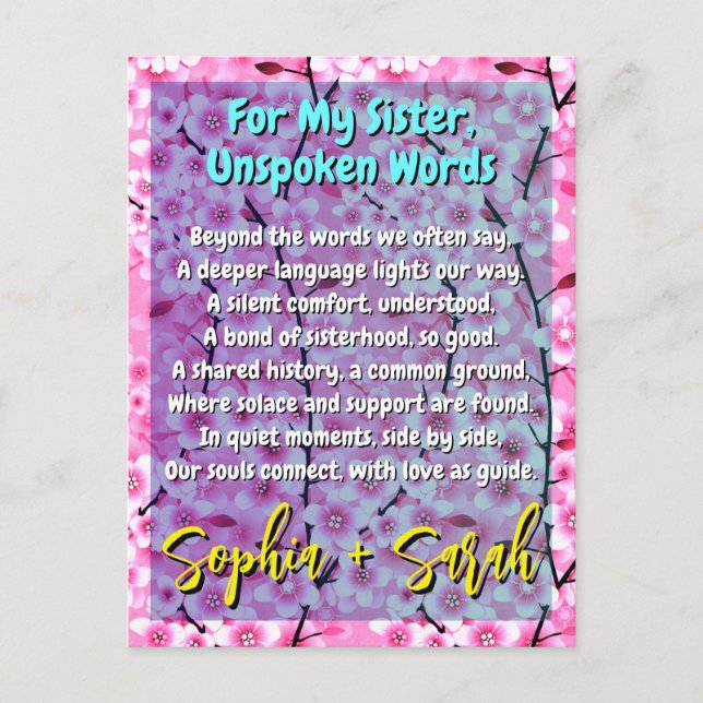 Unique Sister Gift | Pink Floral Poem Postcard (Front)