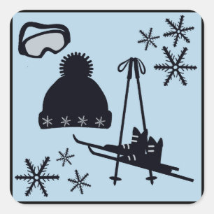 Unique ski & winter designs in black on blue  square sticker