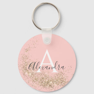 Unique Sparkling Gold Glitter Pastel Pink Girly Key Ring