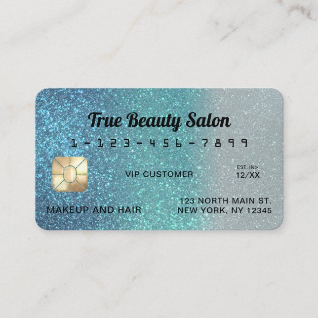 Unique Sparkly Cerulean Blue Glitter Credit Card (Front)
