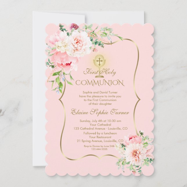 Unique Spring Blush Floral Gold Holy Communion Invitation (Front)