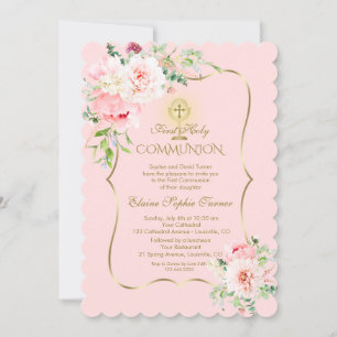 Unique Spring Blush Floral Gold Holy Communion Invitation