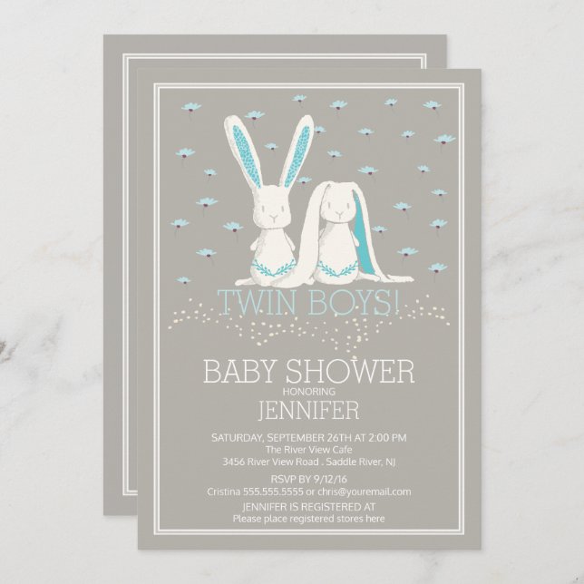 Unique Spring TWIN Boys Bunny Baby Shower Invitation (Front/Back)