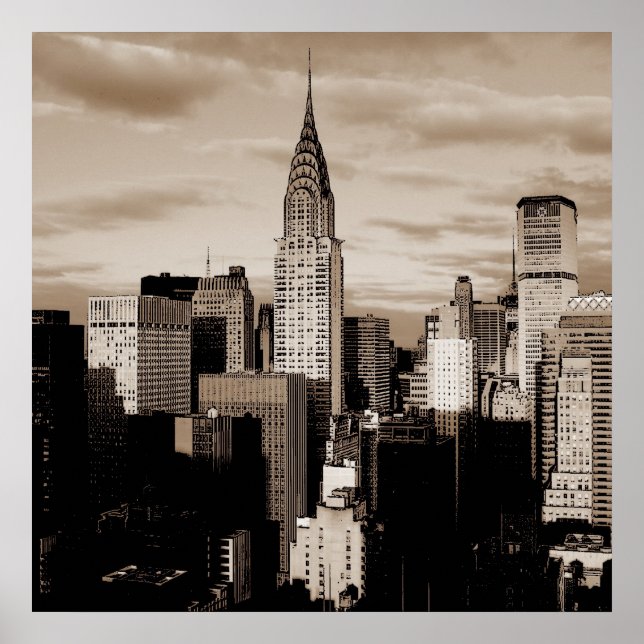 Unique Square Sepia New York Ink Sketch Poster (Front)