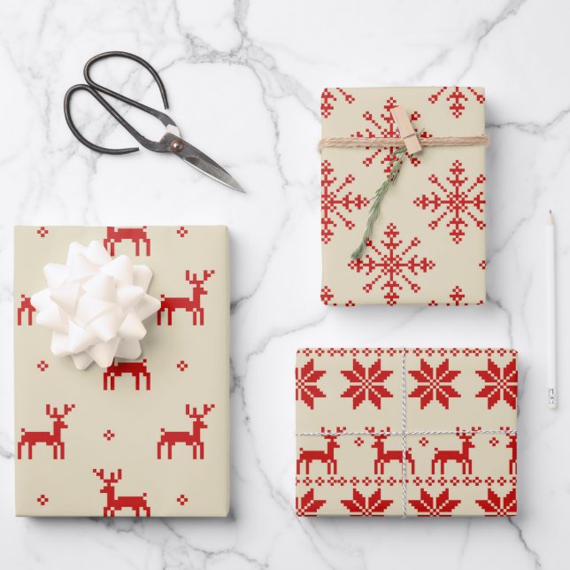 Unique Stitched Modern Christmas Holiday Wrapping Paper Sheet (Front)