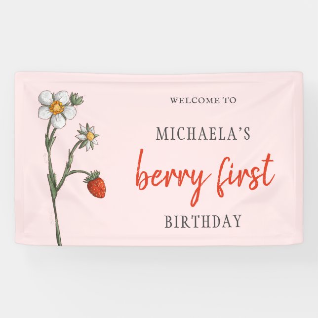 Unique Strawberry Flowers Berry First Birthday  Banner (Horizontal)