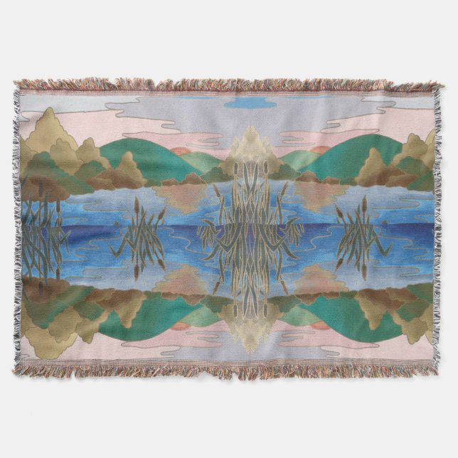 unique stylised hills river landscape painting throw blanket (Front)