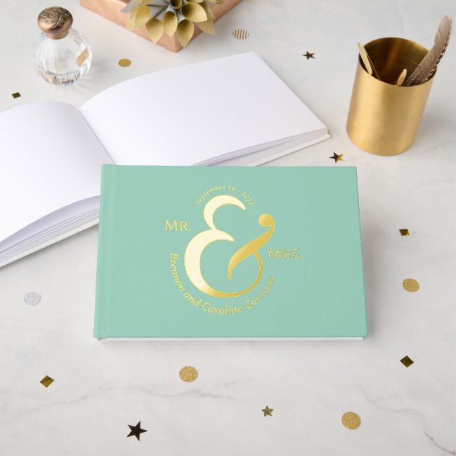 Unique Stylish Bride Groom Names Gold Guest Book (Front Open)