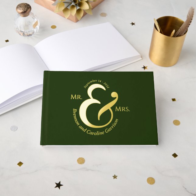 Unique Stylish Bride Groom Names Gold Guest Book (Front Open)