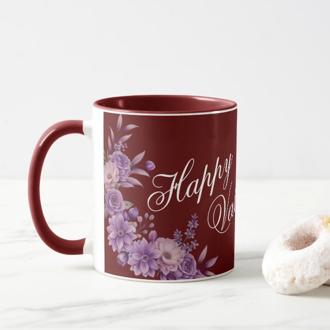 Unique Stylish Floral Happy Valentine's Day Maroon Mug (With Donut)