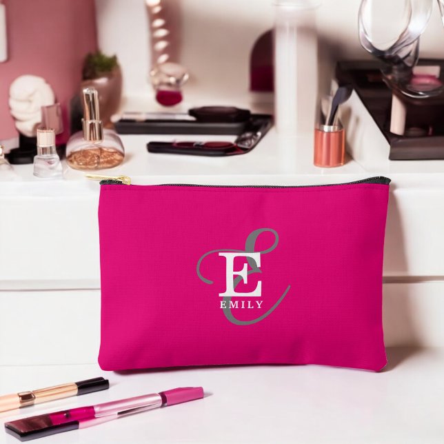 Unique Stylish Monogram Typography Hot Pink Accessory Pouch (Personalize with your name and monogram initial.)